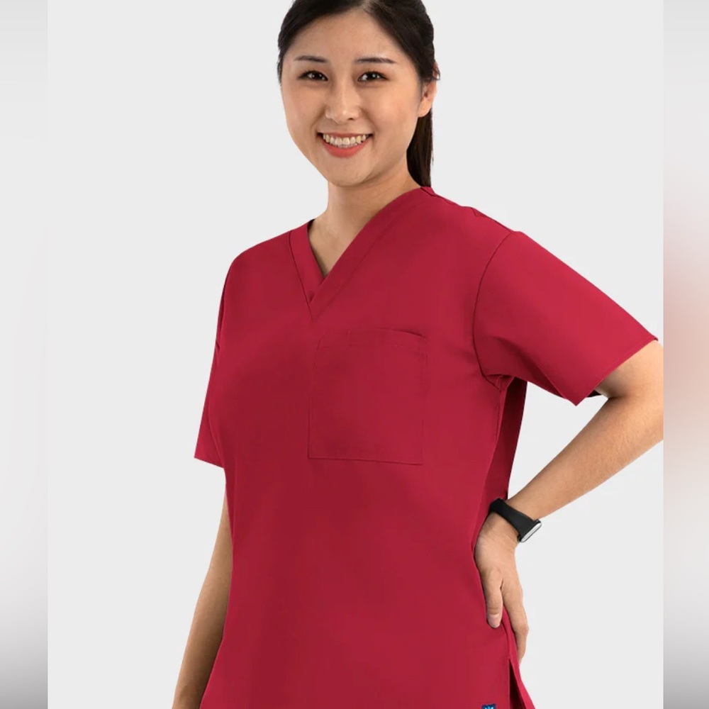 NWOT V-Neck Scrub Top - Red with scrub bottoms. Only washed never worn